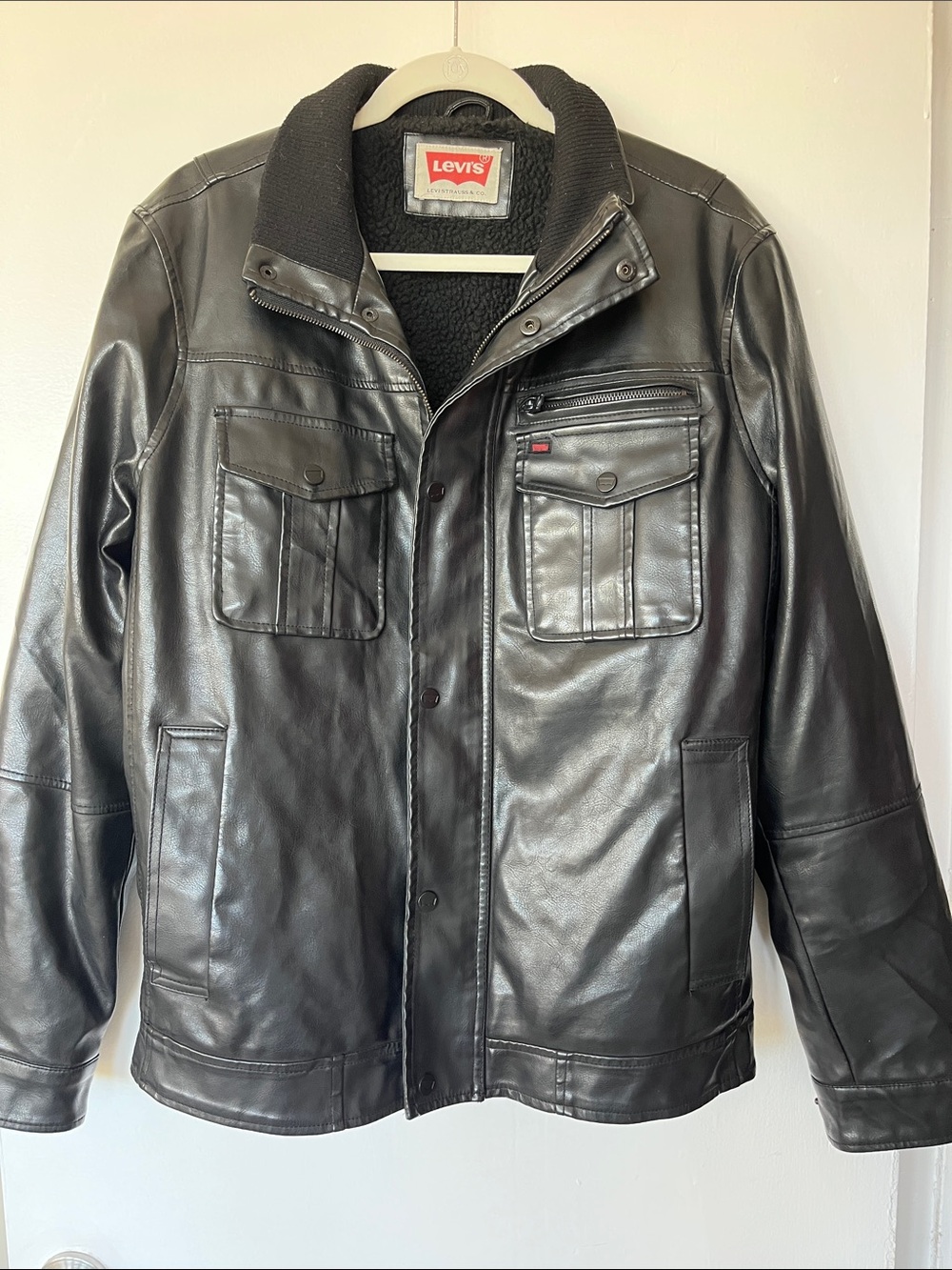 Levi's Men's Black Faux Leather Bomber Jacket with Sherpa Trim